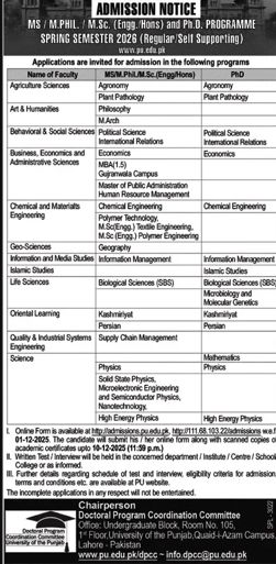 Admission notice for University of the Punjab Gujranwala (PU Gujranwala)